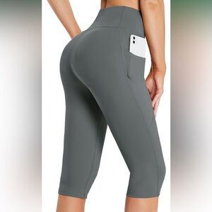 Baleaf Gray High-Waisted Capri Leggings with Pocket